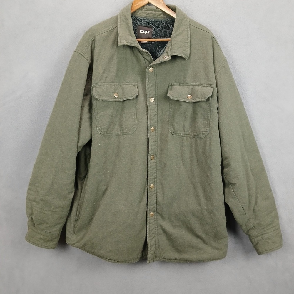 CQR Shacket Men 2XL Olive Green Cotton Flannel Fleece Lined Snap Front Insulated
